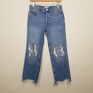 We The Free People The Maggie Straight Leg Button Fry Distressed Jeans Blue 27